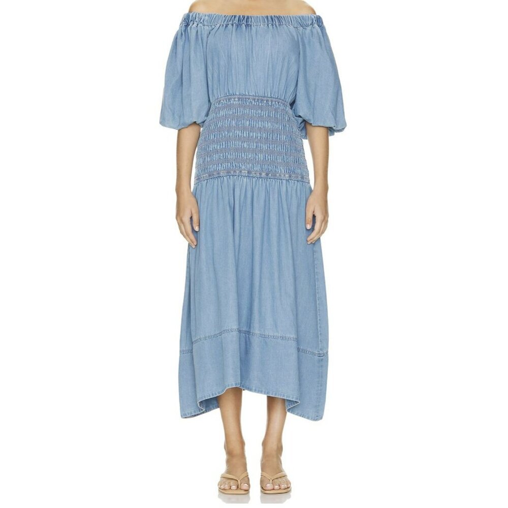 Misa Blue Off-Shoulder Smocked Denim Midi Dress With Puff Sleeves Small Nwt